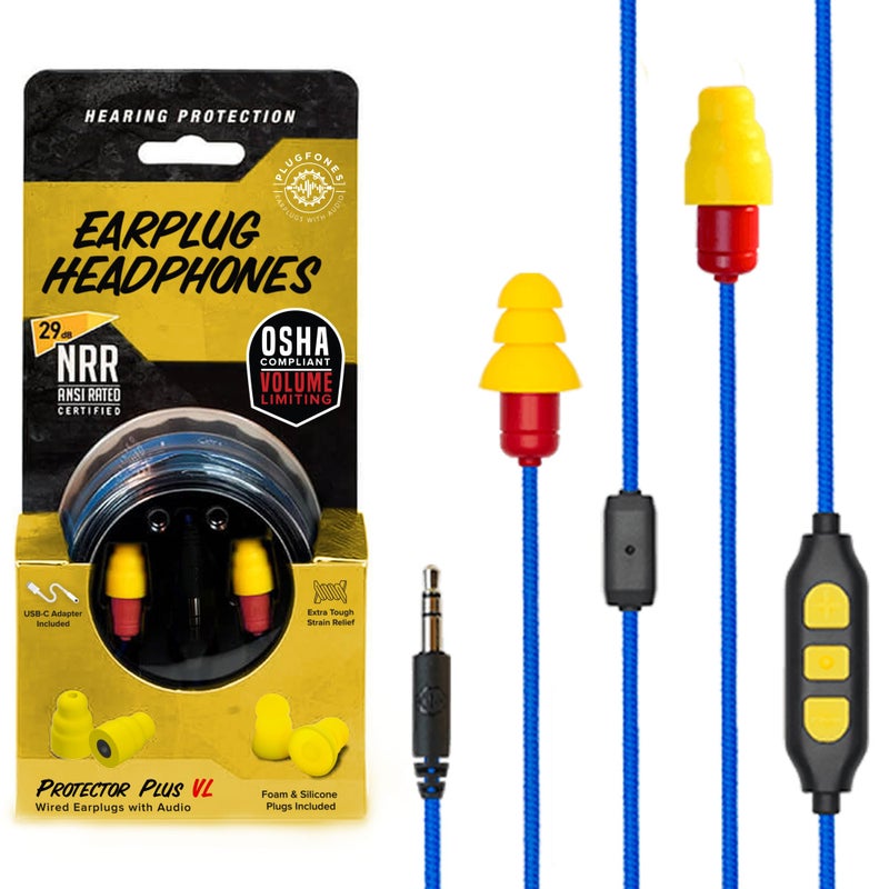 Plugfones Protector Plus Volume Limited in-Ear Earplug Earbuds, Noise Reduction Headphones with Noise Isolating Mic and Controls, Blue & Yellow - Image 1